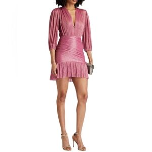 NWT $445 Maje Rusalia Metallic Plissé Ruched Mini Dress Sz 8 Rose Fuchsia Party
